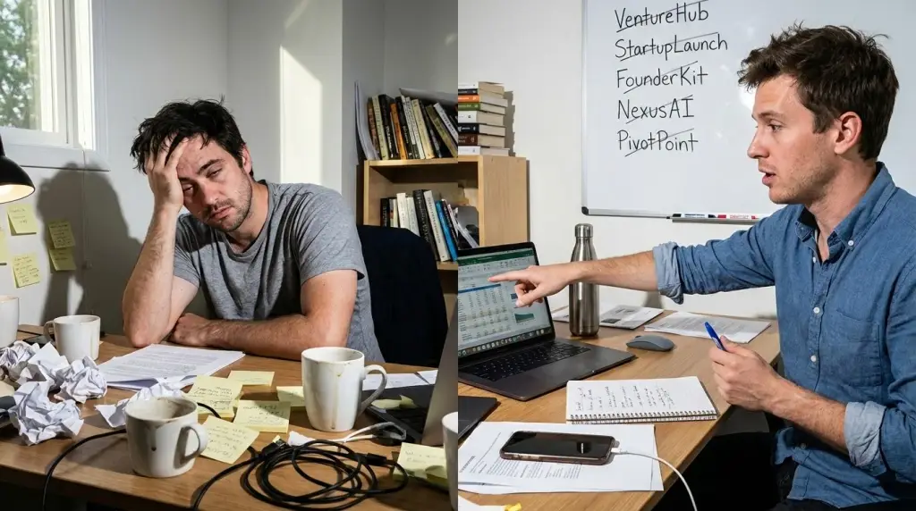 Startup founders collaborating on domain name selection