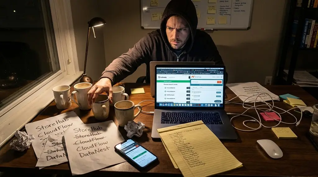 Founder working late at night researching domains surrounded by crumpled rejected name ideas