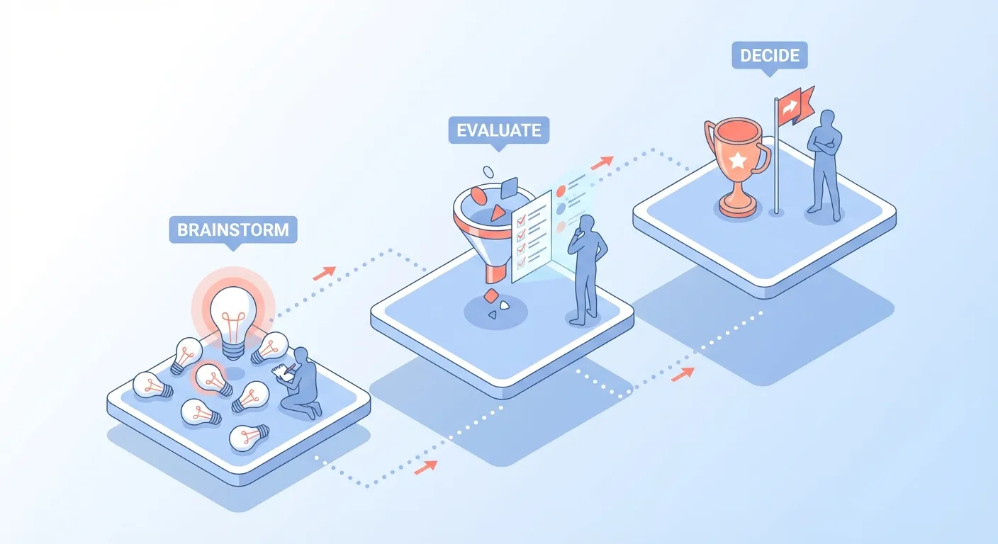 A workflow diagram showing decision stages from brainstorming through final selection
