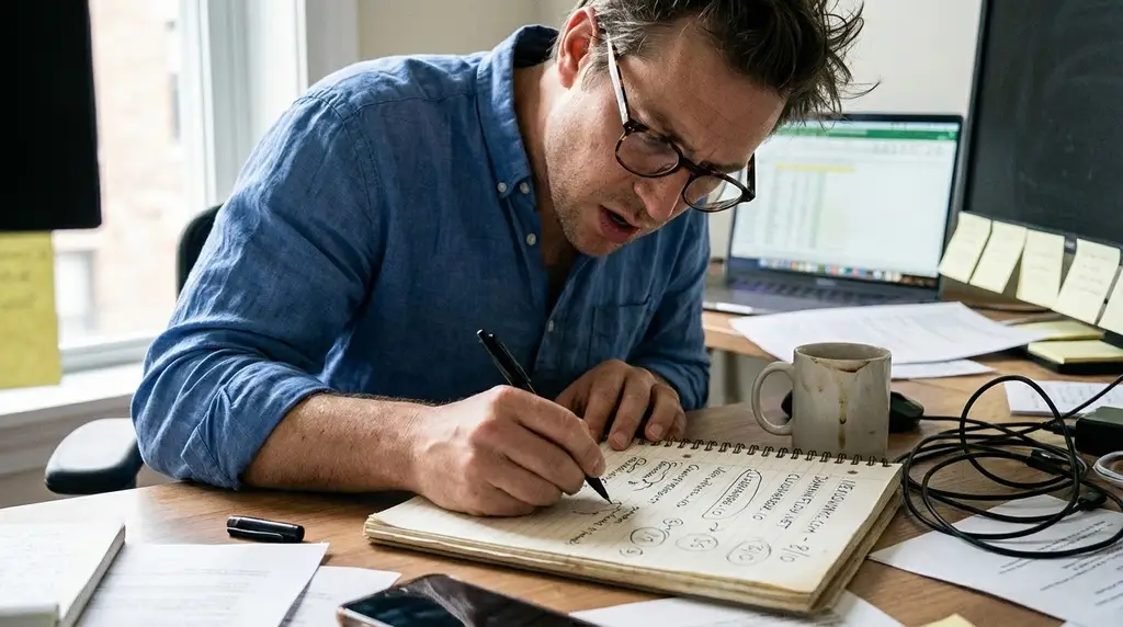 Founder conducting a brand audit by reviewing domain options with scoring criteria