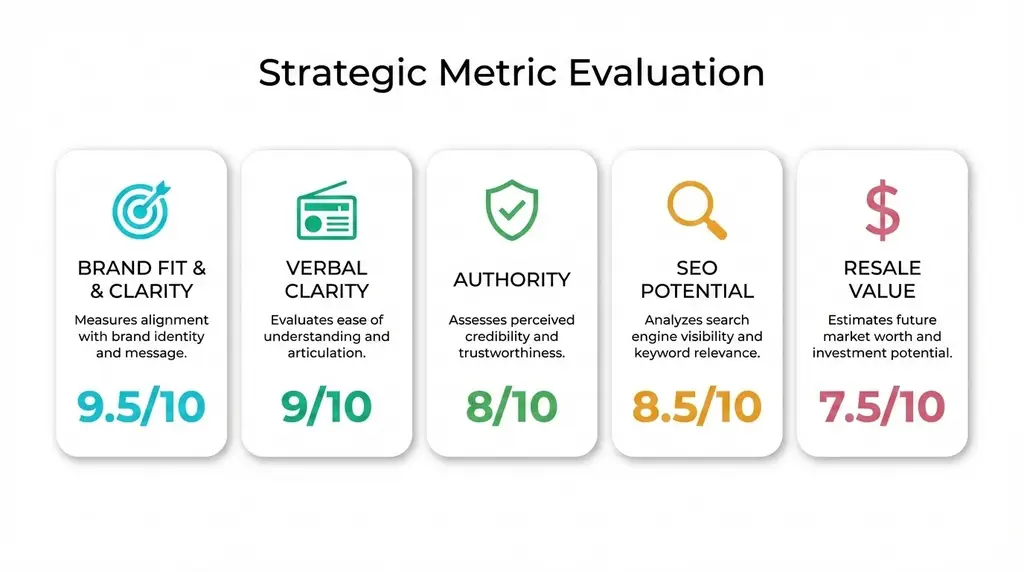 The 5 scoring metrics with icons and descriptions in clean comparison layout