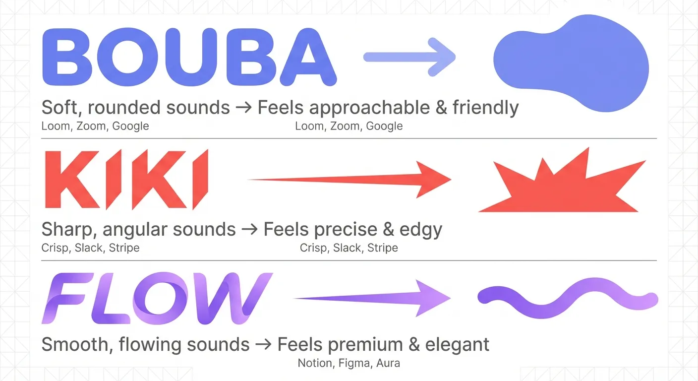 Infographic showing three sound-personality pairings: soft rounded sounds feel approachable, sharp angular sounds feel precise, and smooth flowing sounds feel premium