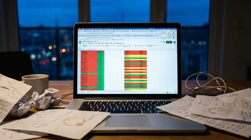 Laptop screen showing chaotic spreadsheet with domain availability research
