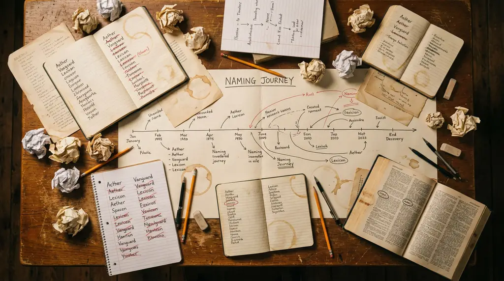 A founder working late at night surrounded by crossed-out domain name sticky notes