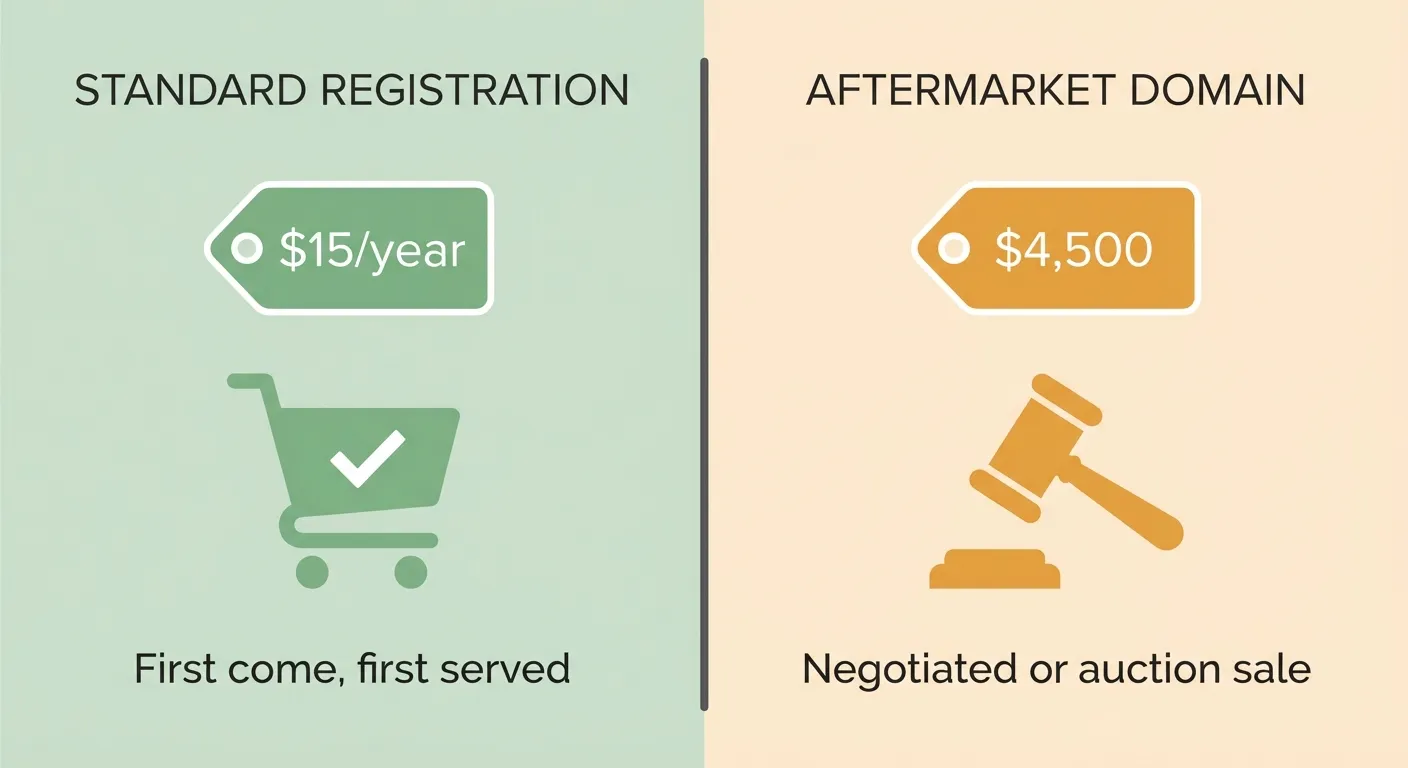 Diagram comparing standard registration versus aftermarket domain pricing scenarios