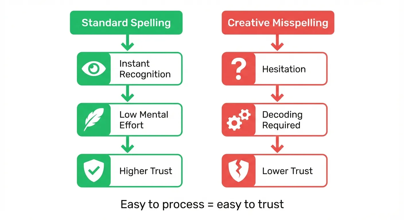 Infographic comparing two paths - Standard Spelling flows through Instant Recognition, Low Mental Effort, to Higher Trust, while Creative Misspelling flows through Hesitation, Decoding Required, to Lower Trust. Bottom text reads Easy to process equals easy to trust.