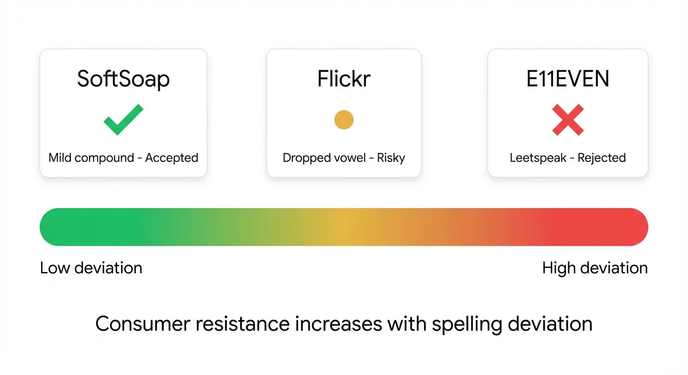 Spectrum infographic showing three brand name cards - SoftSoap marked as accepted mild compound, Flickr marked as risky dropped vowel, and E11EVEN marked as rejected leetspeak - on a green-to-red gradient from low to high deviation, with text reading Consumer resistance increases with spelling deviation