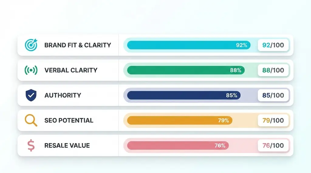 Domain evaluation metrics showing scoring for brand fit, verbal clarity, authority, SEO potential, and resale value