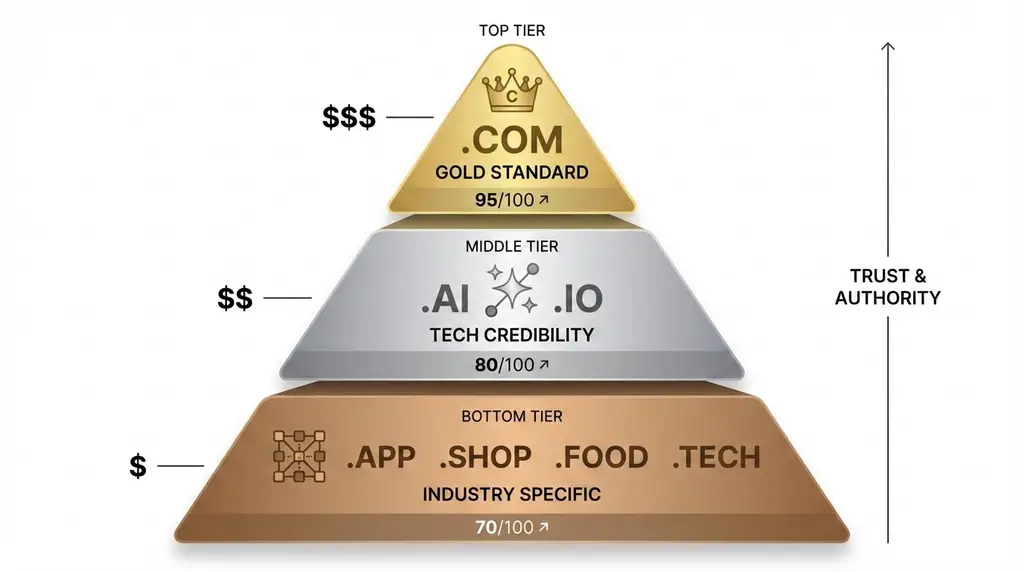 TLD authority hierarchy pyramid showing .com at top, .ai/.io in middle, and specialty TLDs at bottom