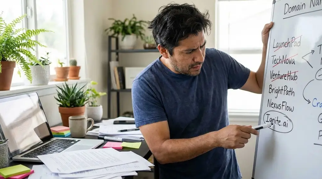 Founder brainstorming domain names at whiteboard with crossed-out options visible