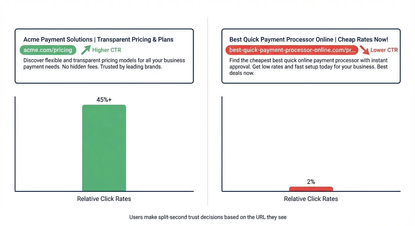 Infographic comparing two search results showing how domain names affect click-through rates