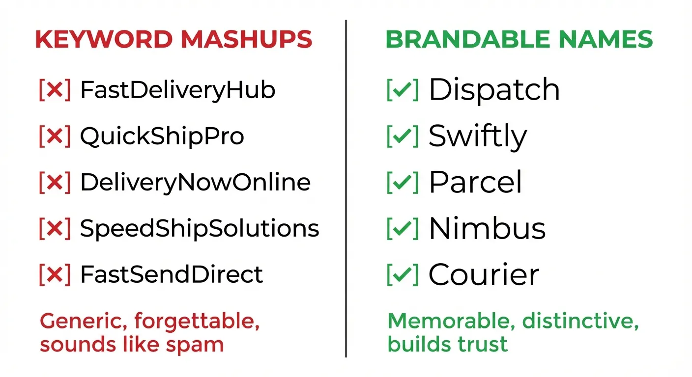 Split comparison showing generic keyword-mashed domains on left versus creative brandable names on right