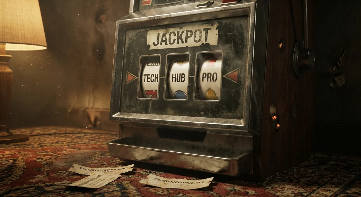 Frustrated founder staring at a laptop screen showing generic domain suggestions, late at night in a cluttered home office