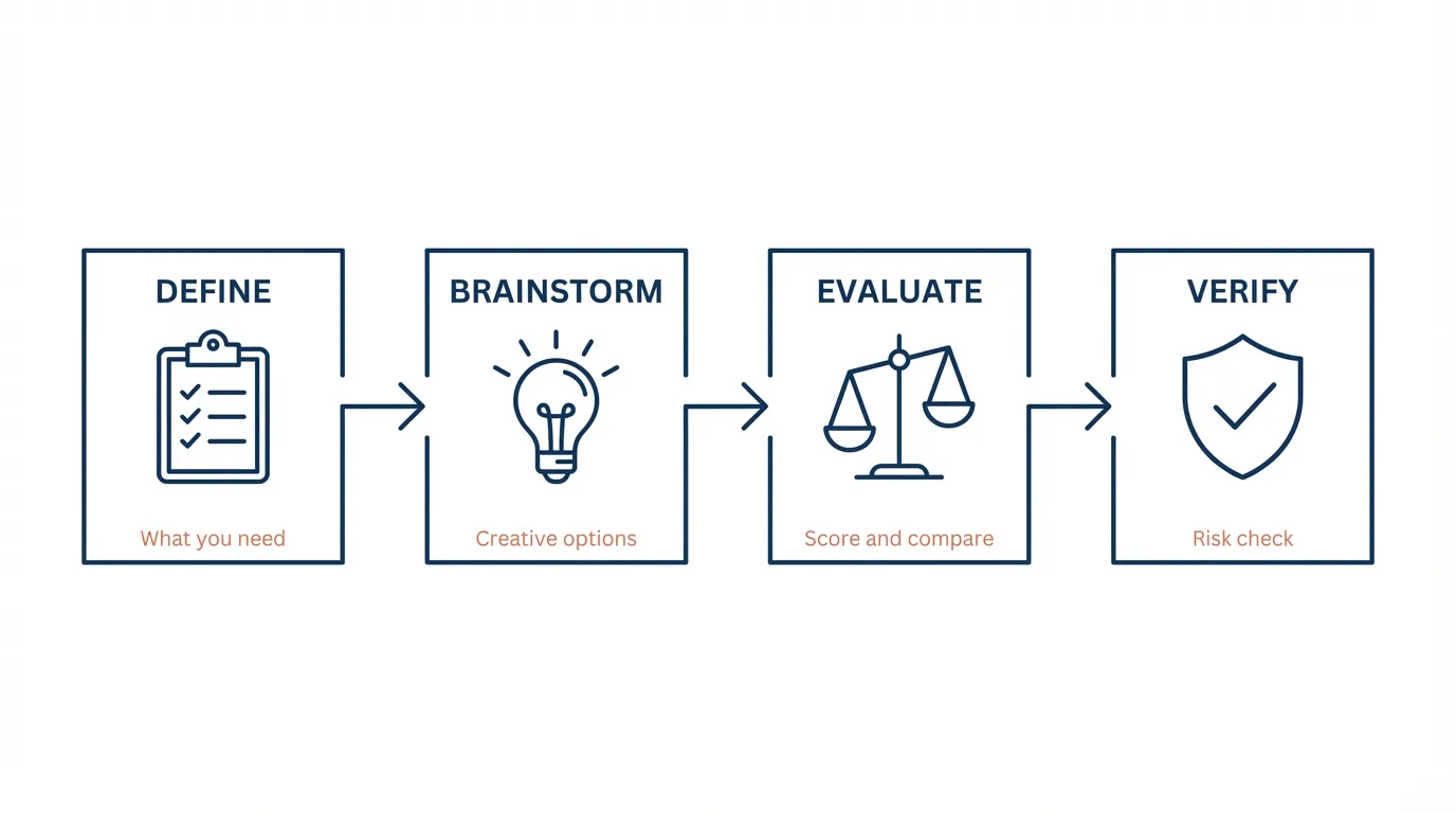 Flowchart showing decision path from initial idea through research, creative brainstorming, scoring, and final selection