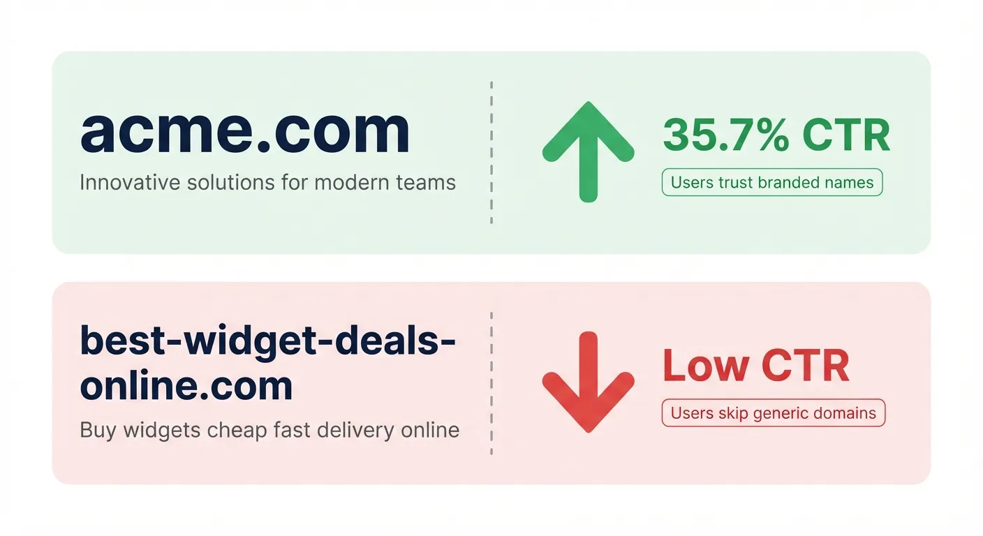 Infographic comparing click-through rates: acme.com earns 35.7% CTR while best-widget-deals-online.com shows low CTR, illustrating how branded domains outperform generic keyword domains