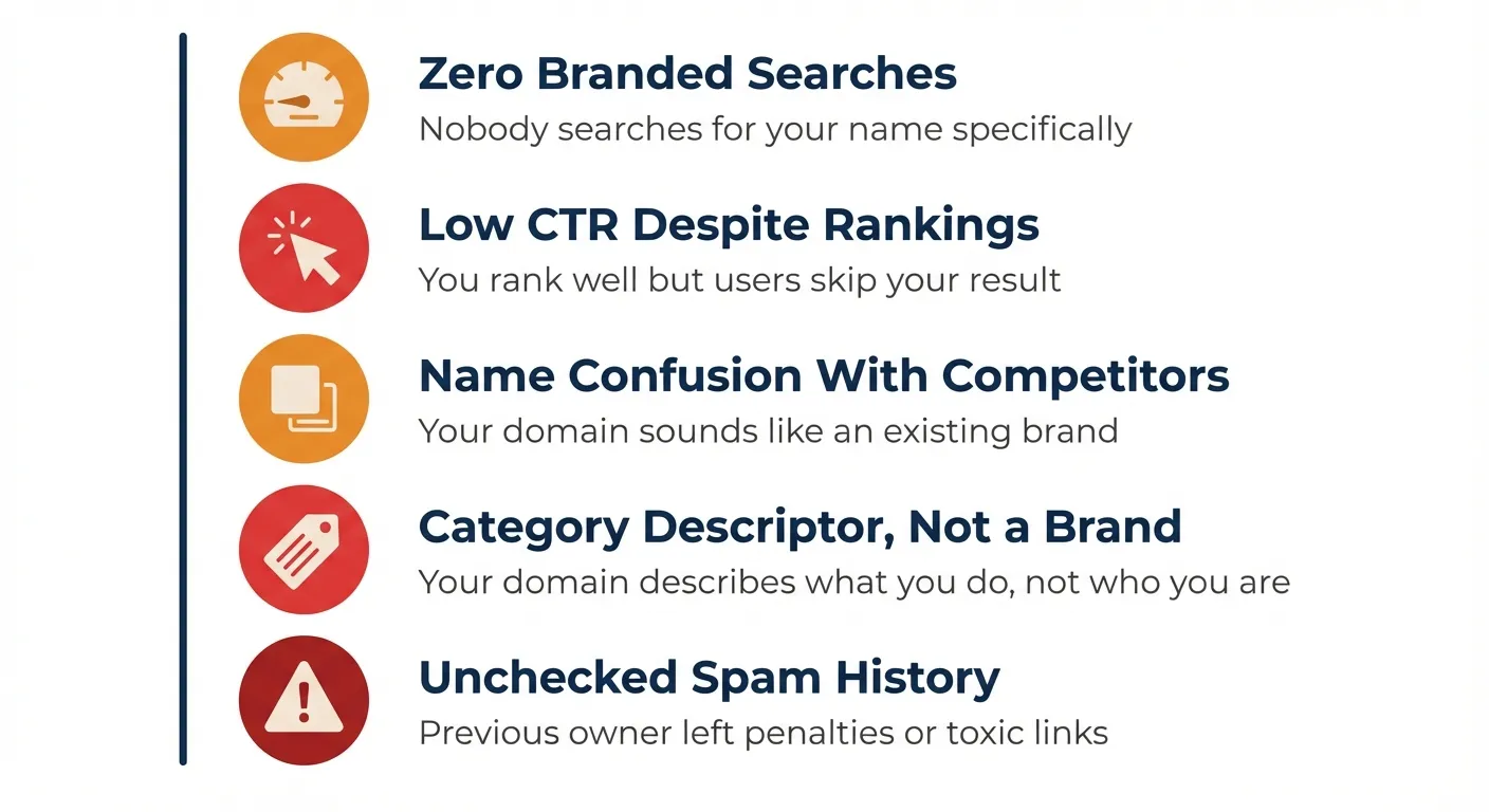 Infographic showing five warning signs your domain is hurting SEO: zero branded searches, low CTR despite rankings, name confusion with competitors, category descriptor instead of brand, and unchecked spam history