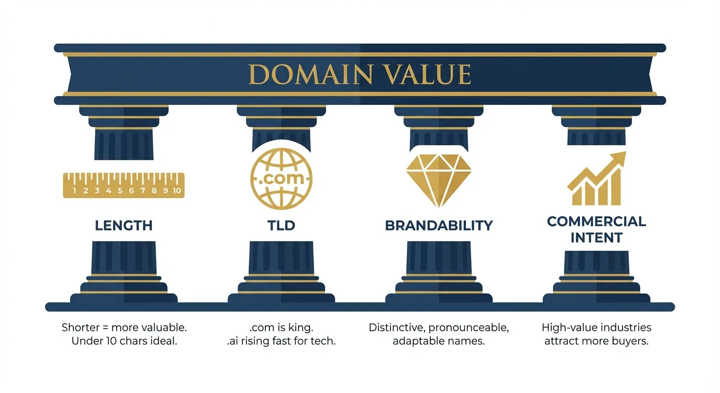 Four classical pillars labeled Length, TLD, Brandability, and Commercial Intent supporting a Domain Value beam, each with icons and brief descriptions of what drives domain worth