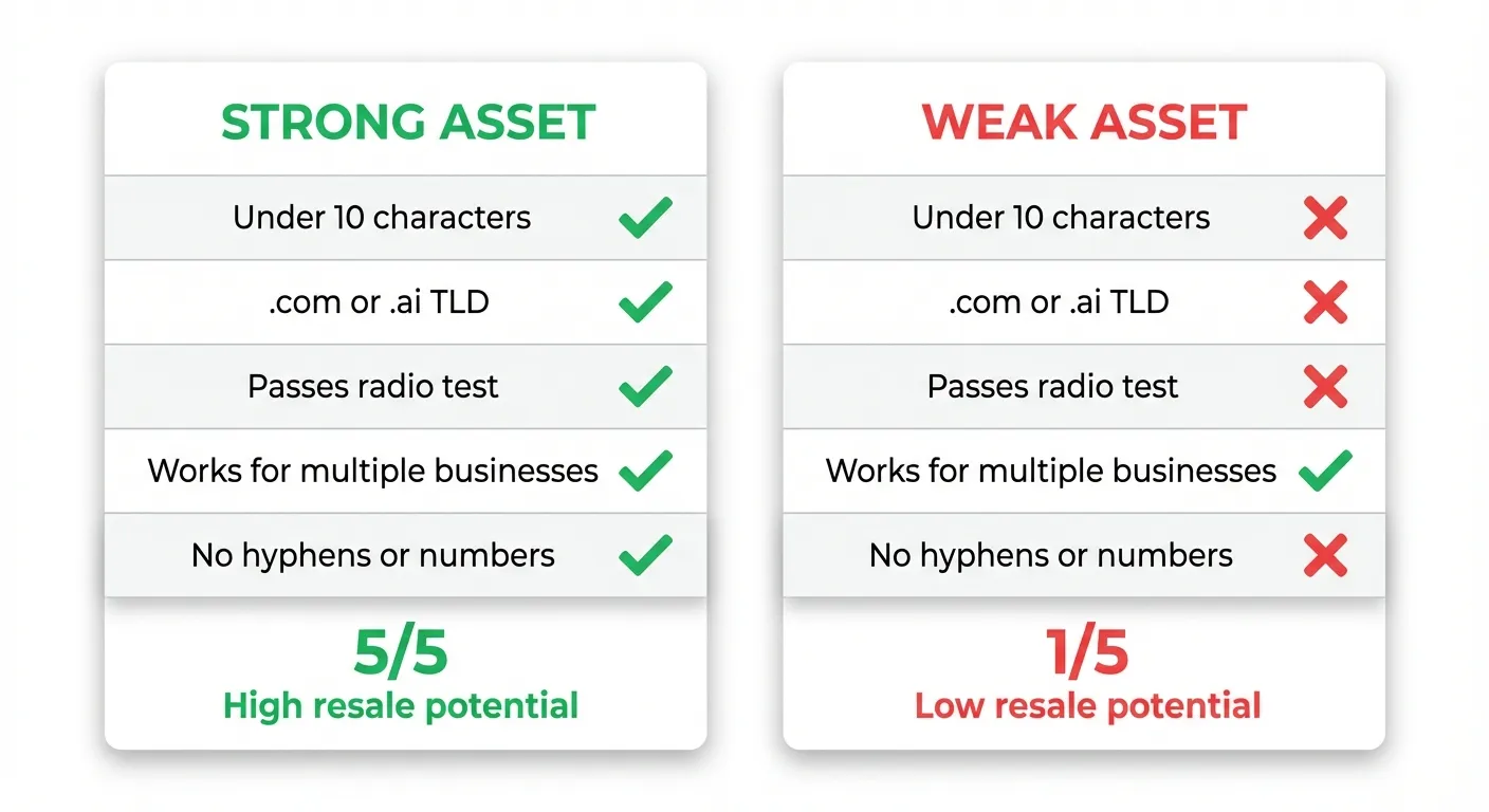 Two side-by-side domain evaluation scorecards comparing a Strong Asset scoring 5 out of 5 with all green checkmarks against a Weak Asset scoring 1 out of 5 with mostly red X marks