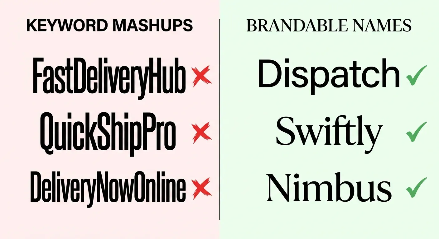 Comparison showing generic keyword mashups versus brandable domain names