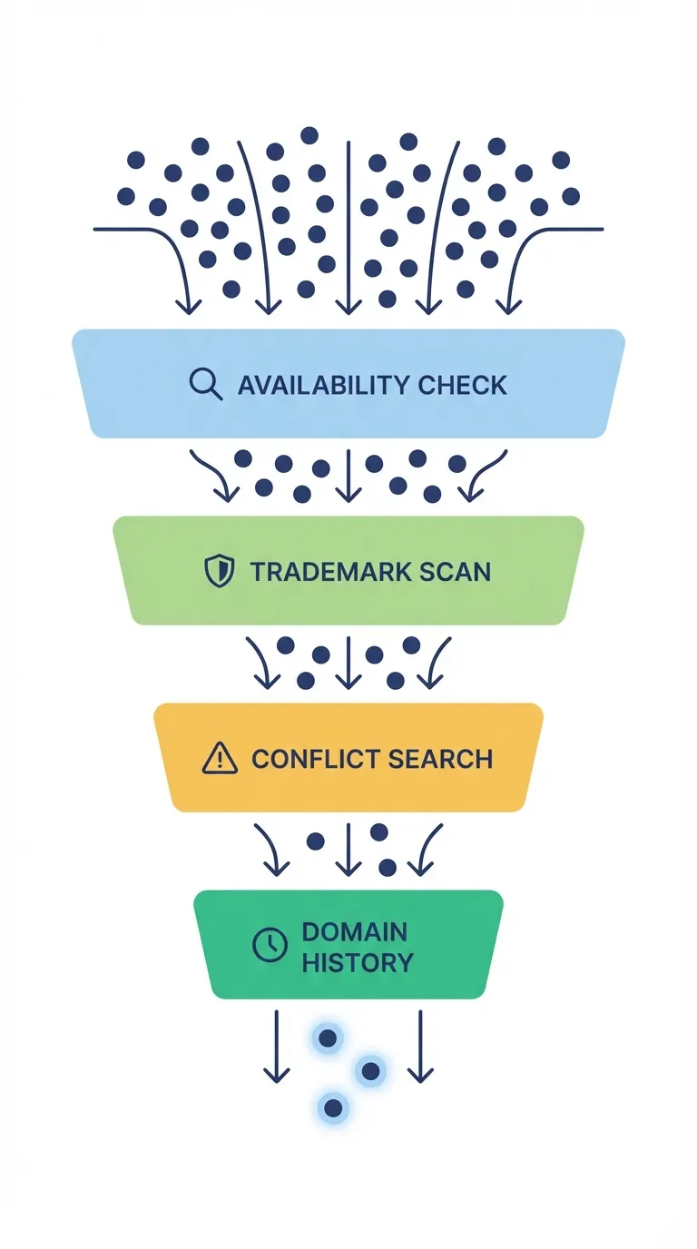 Diagram showing the layers of domain validation: availability, trademark, conflicts, history