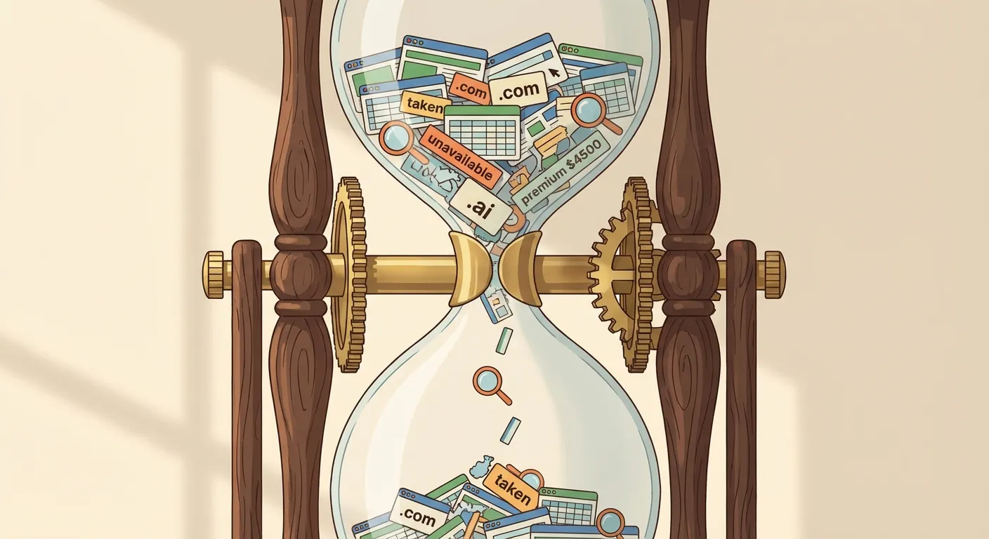 An hourglass filled with browser tabs and domain names instead of sand