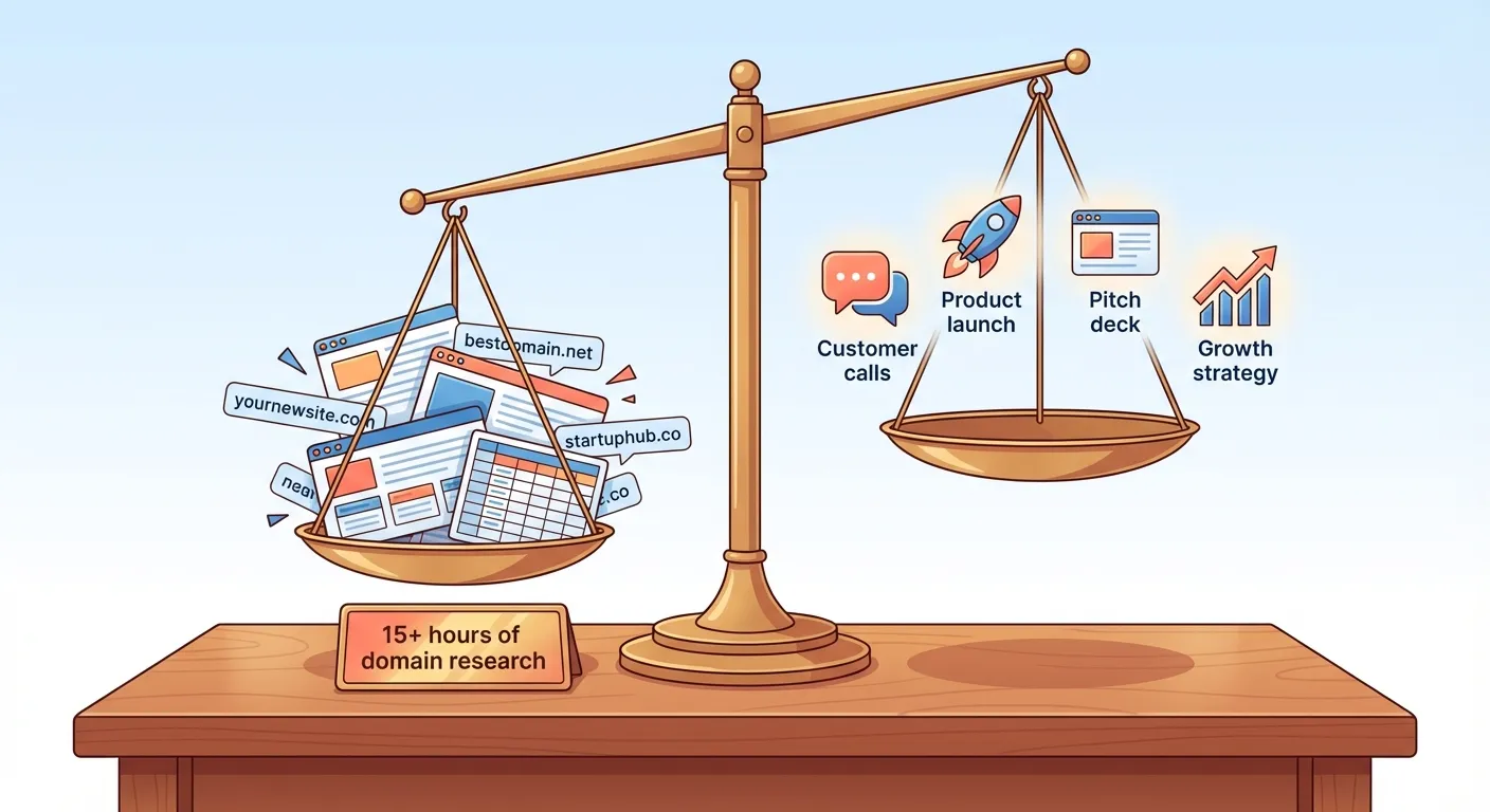 A balance scale weighing domain research time against higher-value founder activities