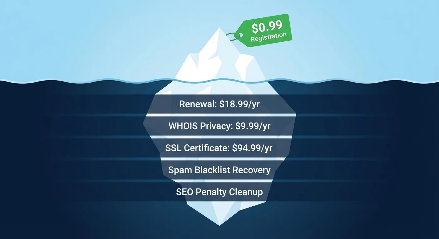 Iceberg diagram showing $0.99 registration price tag above water and hidden costs below: renewal fees, WHOIS privacy, SSL certificate, spam blacklist recovery, and SEO penalty cleanup