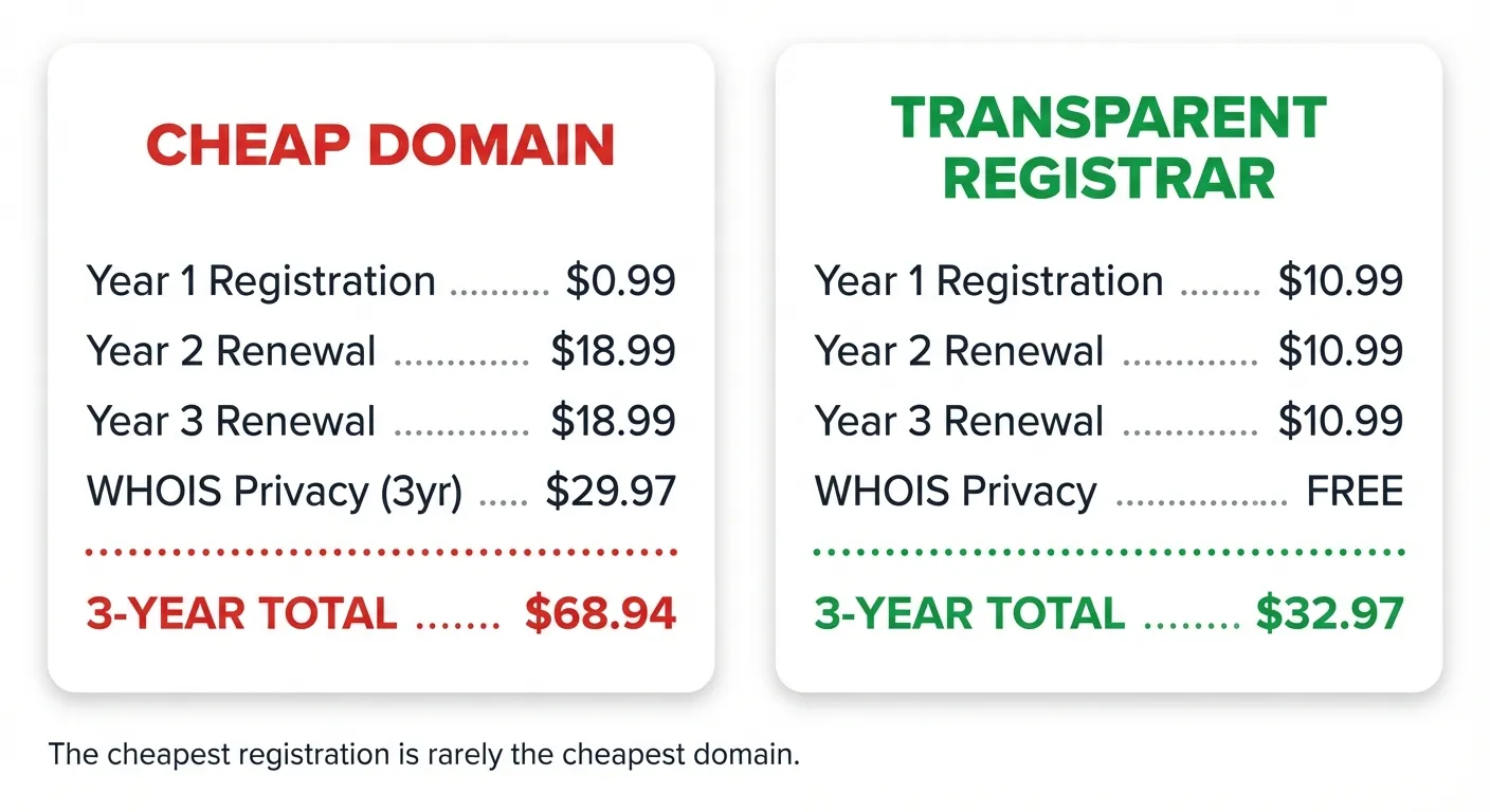 Side-by-side comparison chart showing Year 1 promotional pricing versus Year 3 true cost for cheap domains versus transparent-pricing domains