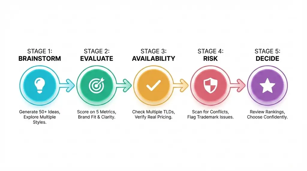 The five-stage business naming framework: Brainstorm, Evaluate, Availability, Risk, and Decide