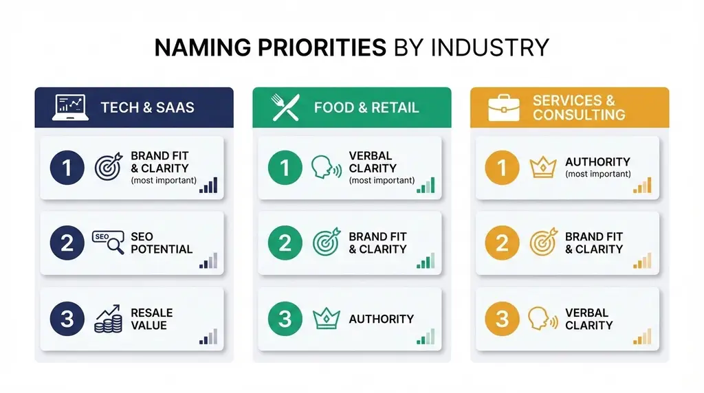 Naming priorities by industry: Tech & SaaS, Food & Retail, and Services & Consulting