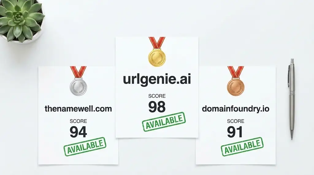 Top three domain candidates: URLGenie at 98, TheNameWell at 94, DomainFoundry at 91