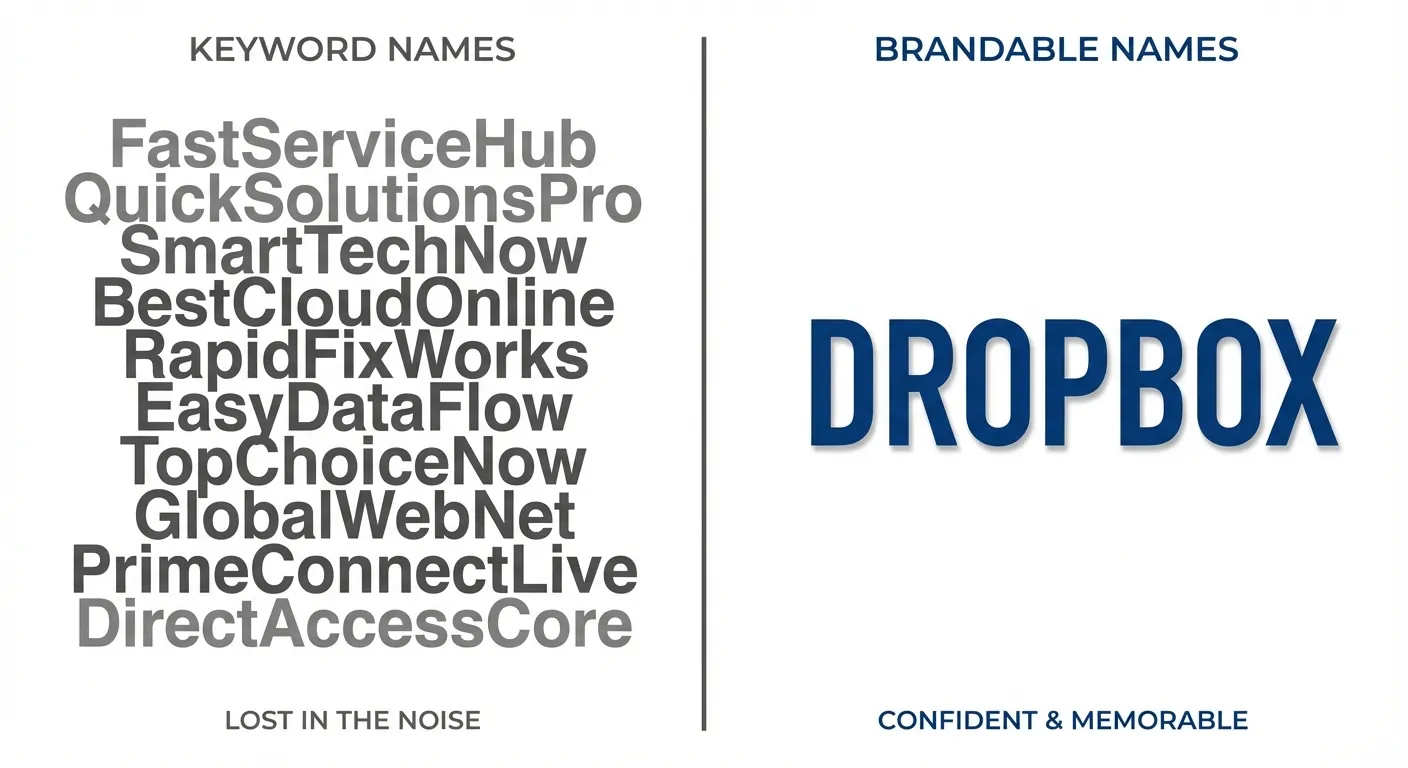 Comparison showing a keyword-mashed domain getting lost among search results versus a brandable domain standing out with clear brand recognition