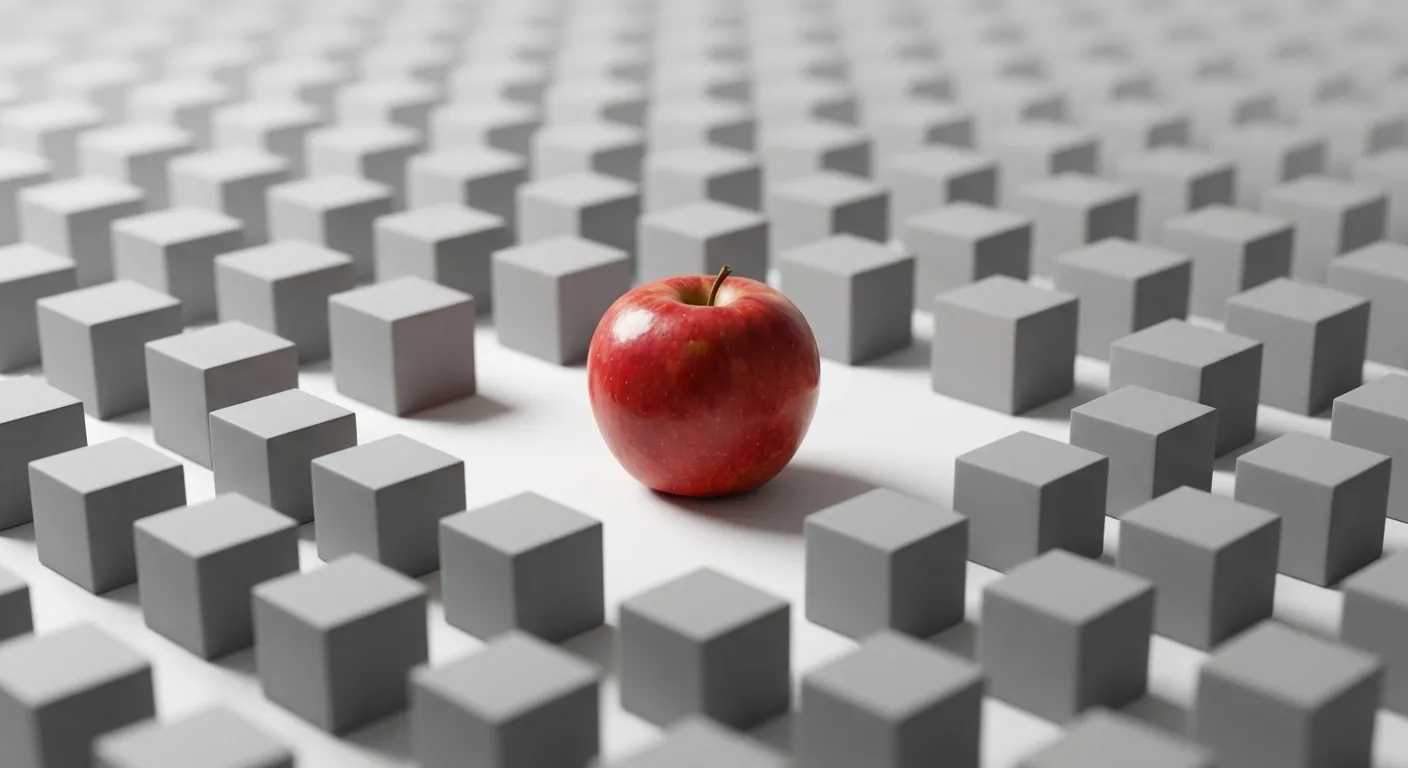 A single distinctive red apple standing out among rows of identical grey generic shapes, illustrating the power of brand differentiation