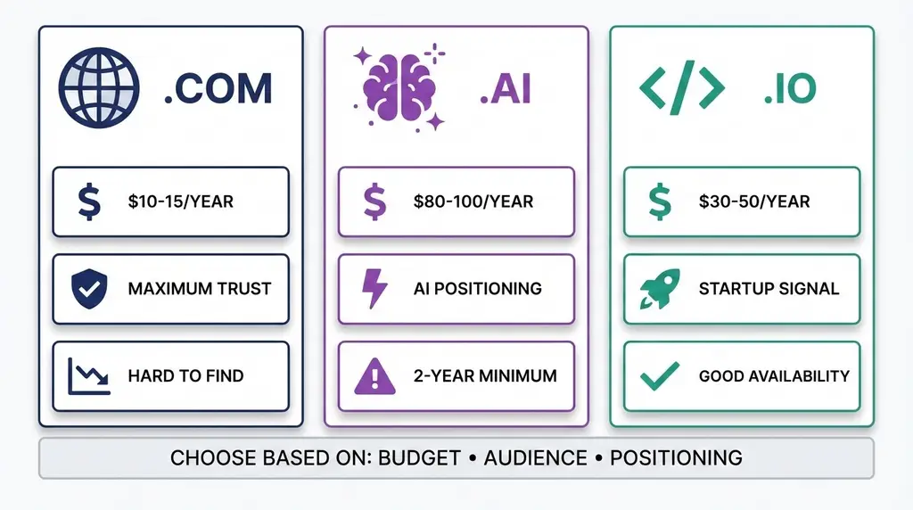 Comparison of TLD options: .com vs .ai vs .io