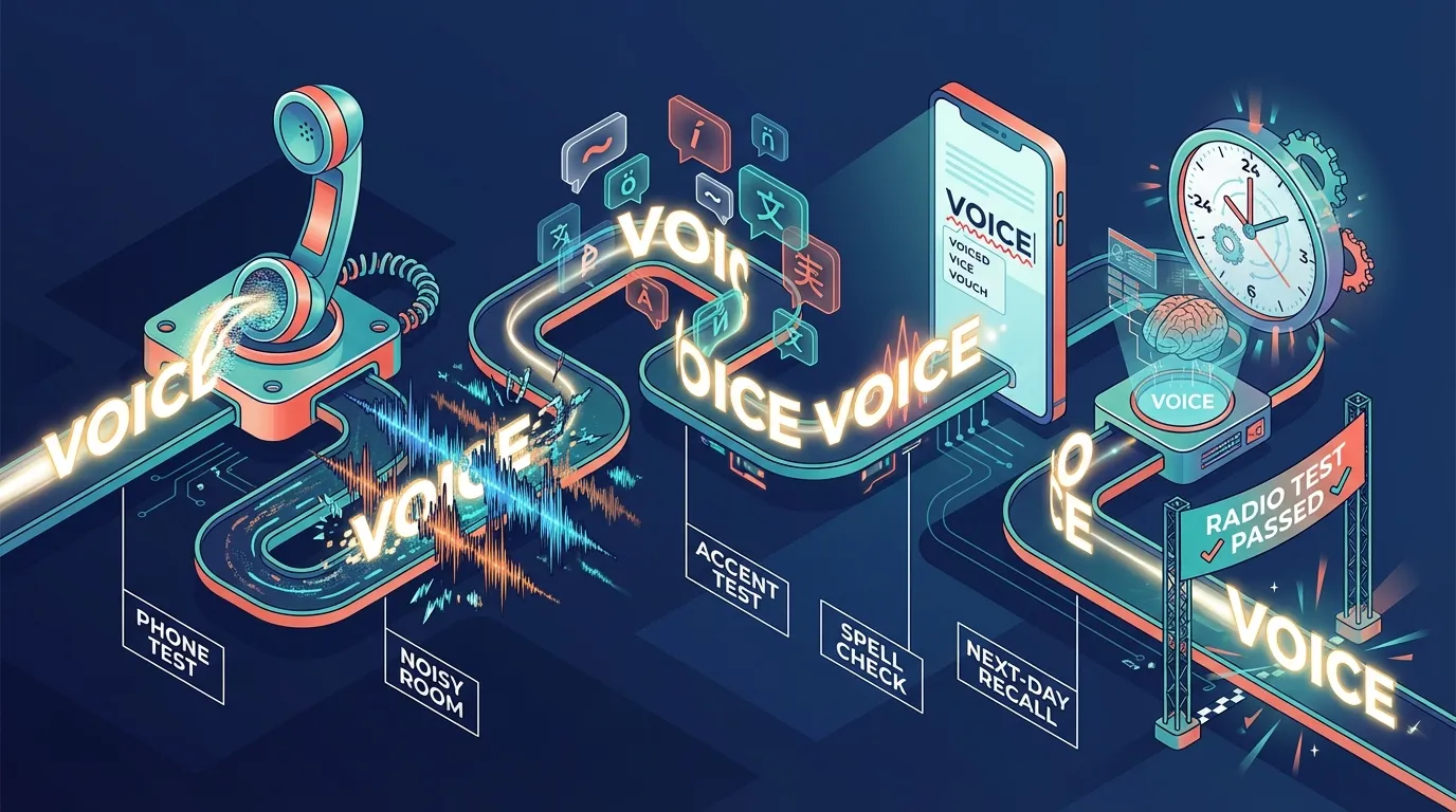 Isometric illustration of a word obstacle course showing five test stations - Phone Test, Noisy Room, Accent Test, Spell Check, and Next-Day Recall - with a glowing word traveling through each challenge toward a Radio Test Passed finish line