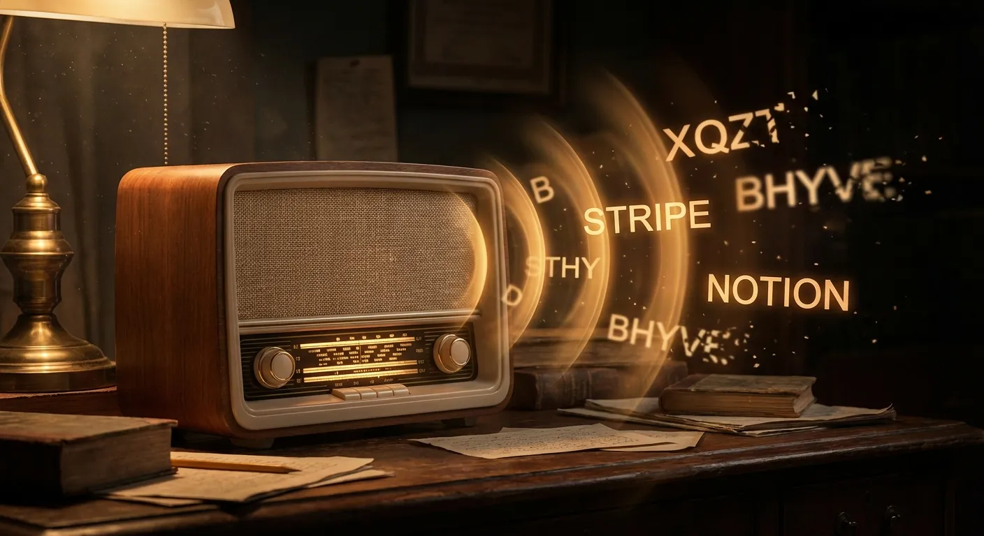 Two adjacent storefronts on a street - the left store named FRESH in clean bold lettering is bustling with customers, while the right store named PHRESH in neon lettering sits empty despite a Grand Opening banner, illustrating how misspelled names cost businesses customers