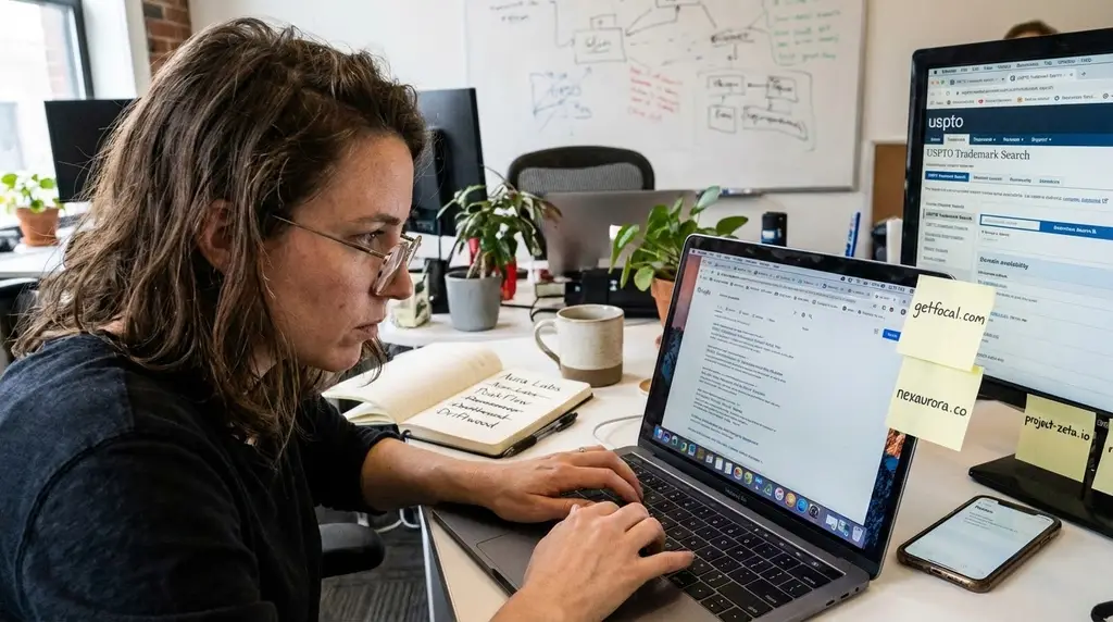 Founder researching domain names with multiple browser tabs, notebooks, and research materials on desk