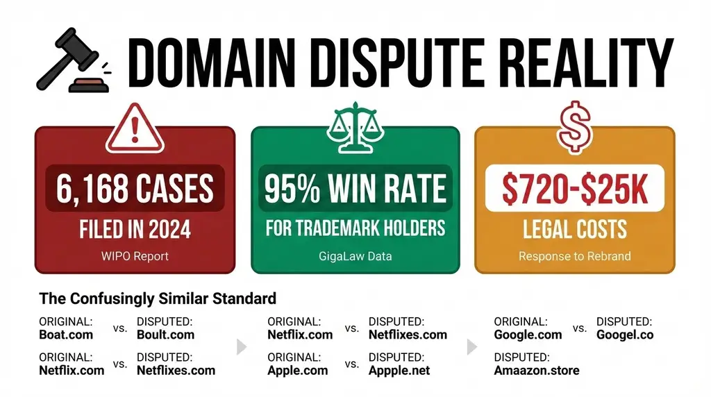 Domain dispute statistics showing 6,168 cases filed in 2024, 95% win rate for trademark holders, and legal costs ranging from $720 to $25,000