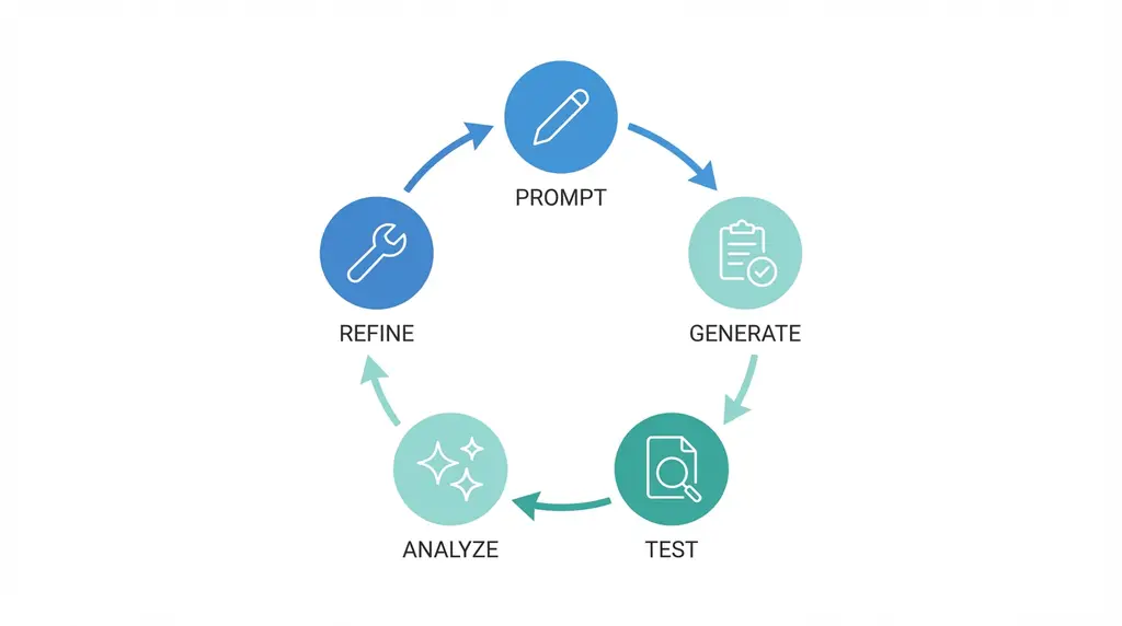 Circular workflow diagram showing prompt engineering iteration: Prompt, Generate, Test, Analyze, Refine