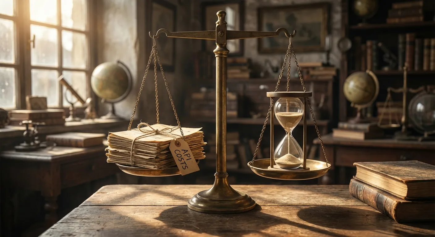 A balance scale with API cost documents on one side and time/value on the other