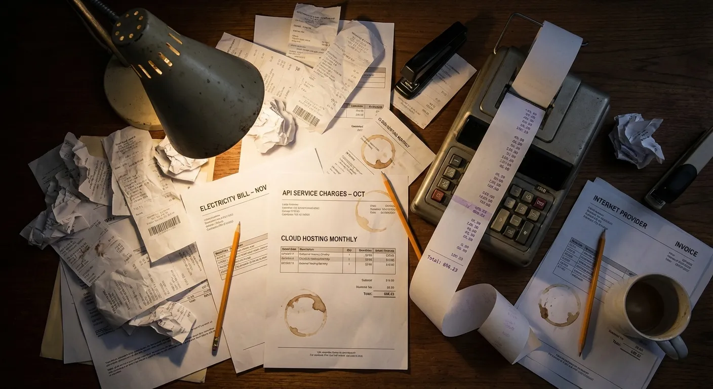 Desk covered with API invoices, service charges, and hosting bills - the reality of running a SaaS
